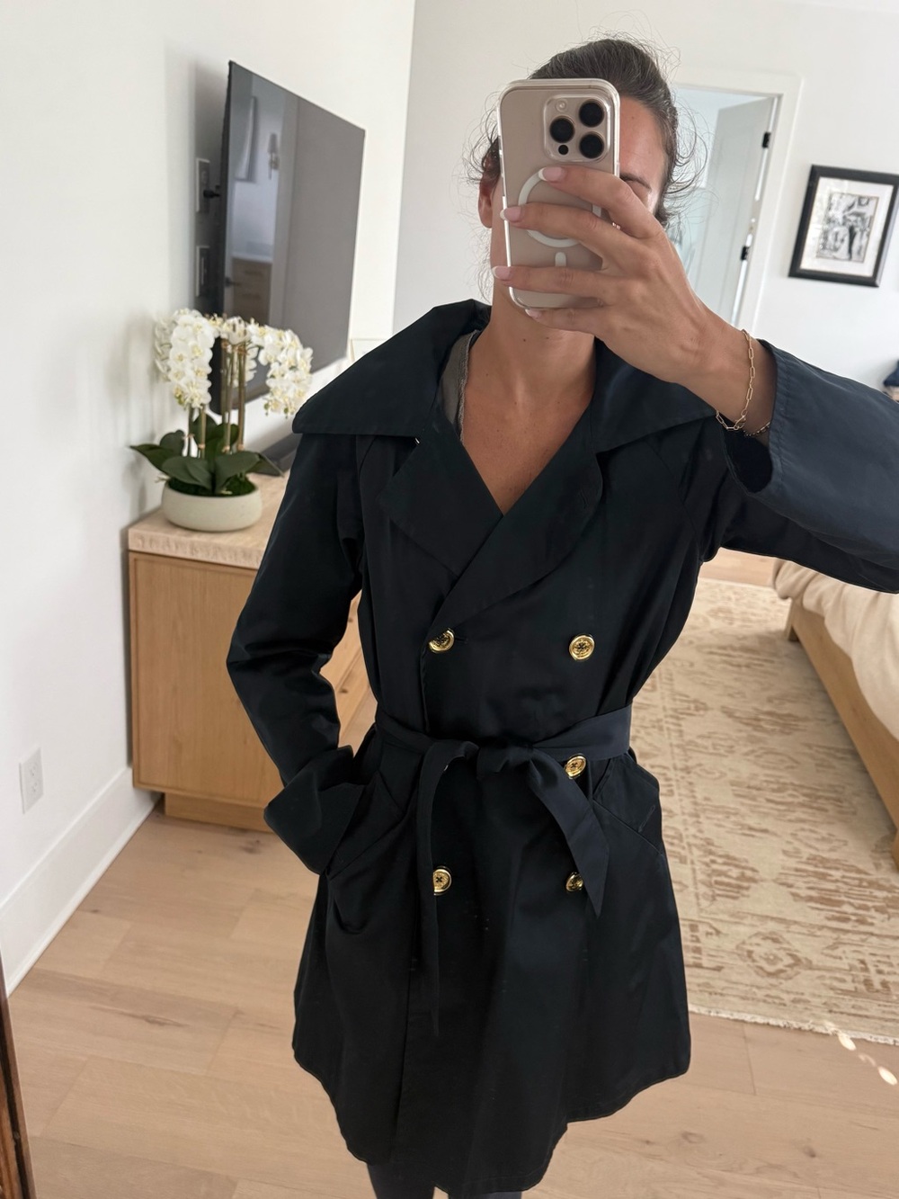 Lilly Pulitzer Black Double-Breasted Trench Coat with Gold Buttons